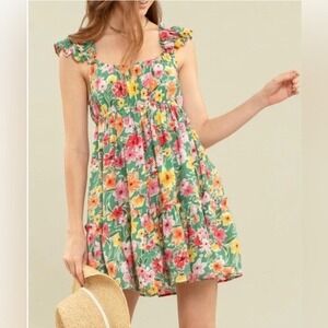 Blu Pepper Floral Ruffle Strap Sleeveless Mini Dress‎ Colorful Summer Size Small